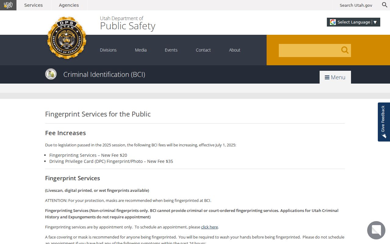 Garfield County arrest history self-review fingerprint services at Utah BCI