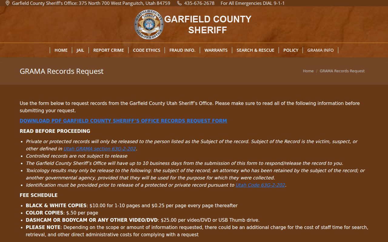 Garfield County arrest record GRAMA request instructions from the Sheriff