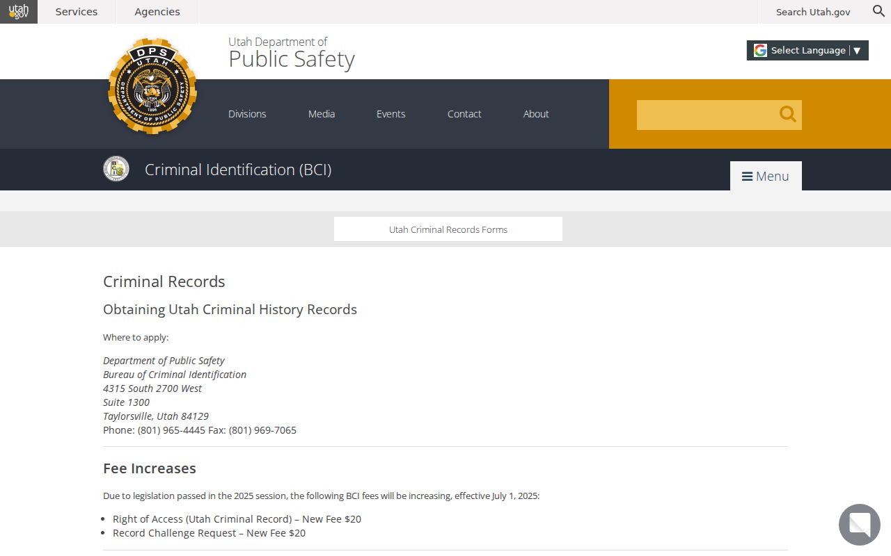 Garfield County criminal history Utah BCI self-review information