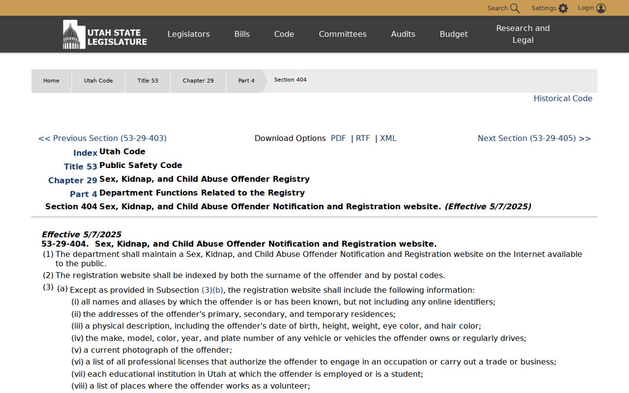 Garfield County sex offender lookup Utah registry statute