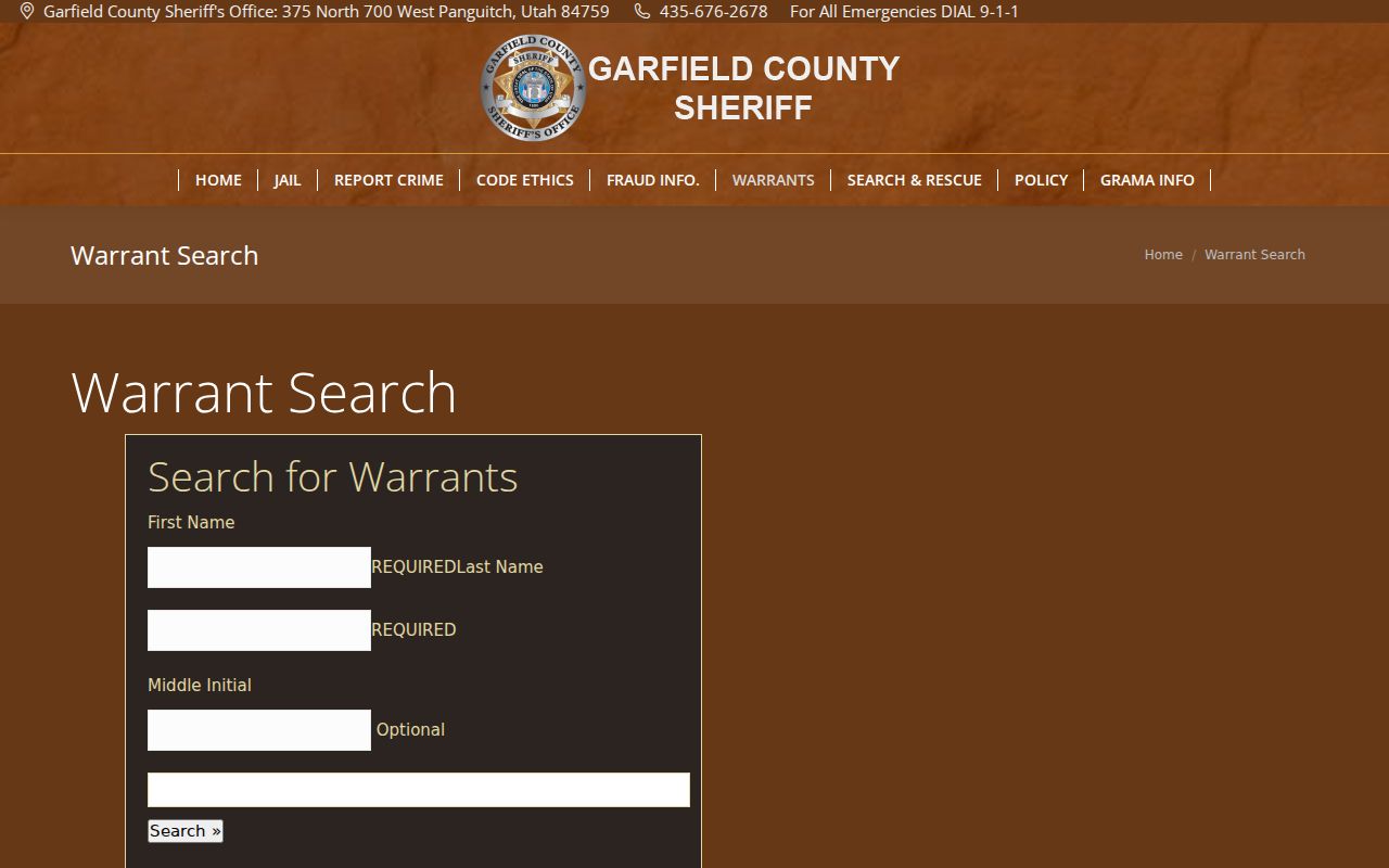 Tropic warrant record Garfield County Sheriff search